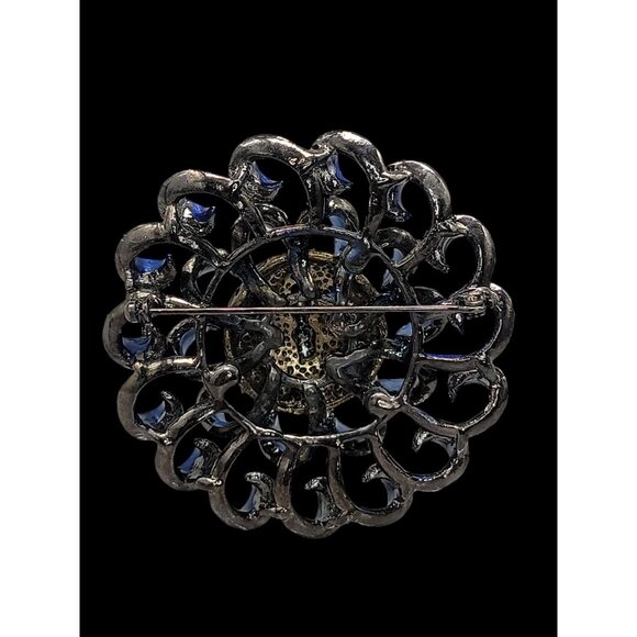 Fleur De Lis Swirl Brooch Royal Blue Gun Metal Gray Rhinestone Sparkle - Picture 10 of 15